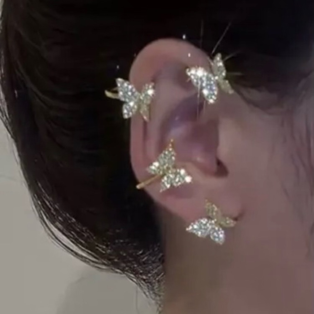 RIGHT EAR GOLD pave crystal Butterflies cartilage ear clip cuff minimalist